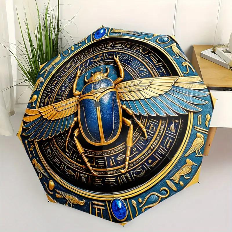 Automatic Open/Close Egyptian Hieroglyphics & Scarab Beetle Umbrella - Navy Blue & Golden Ancient Egyptian Design, 8-Rib Sturdy Frame, Compact Travel Umbrella with Automatic, Portable Rain Cover, Ideal Gift For History Lovers