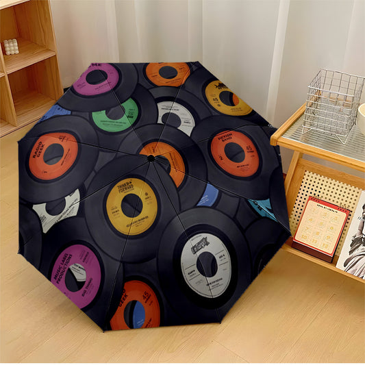 Vintage Vinyl Record Umbrella - Automatic Open/Close, One-Button Operation, Compact Folding Design, Retro Music Lover Gift for Men & Women - Travel, Commute, Everyday Use - Vintage Vinyl Record Pattern in Black, Orange, Blue,
