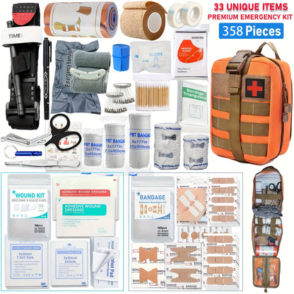 358pcs Survival First Aid Kit with Molle Pouch & MOLLE-Compatible Components - All-in-One Emergency Medical Supplies, Trauma Care Tools, Portable Outdoor Gear for Camping, Hiking, Home, Office - Ideal Gift for Men, Dad, Husba