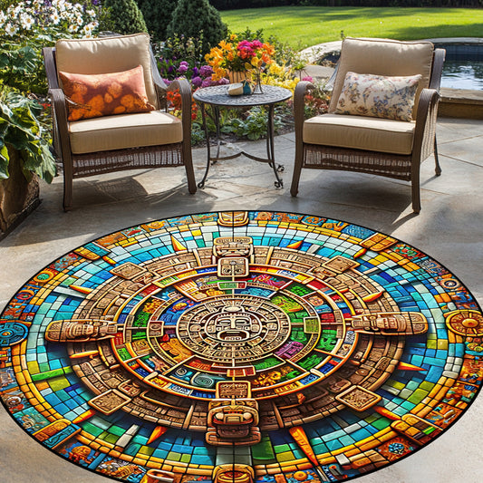 1pc Aztec & Mayan Calendar Patterned Area Mat, Large Washable Round Decorative Mat for Living Room/Bedroom/Office/Gaming Room/Camping, Indoor/Outdoor Use, Home Decor, Bedroom Decor | Vibrant Floor Covering | Durable Polyester