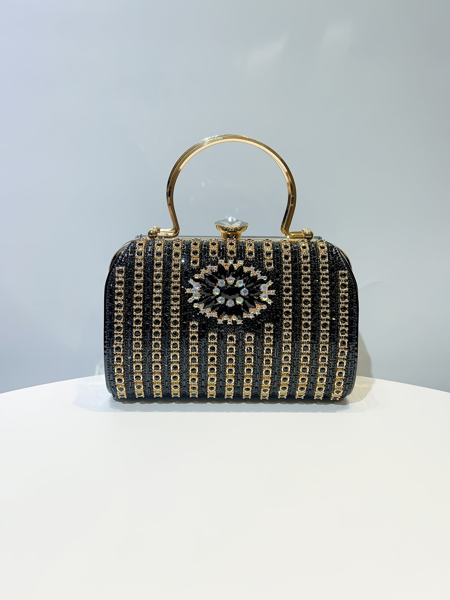 Glamorous Black & Golden Rhinestone Embellished Clutch with Detachable Strap - Sparkly Geometric Evening Bag for Parties, Banquets, and Formal Gatherings, Banquet Accessory | Polyester Construction, Party Purse