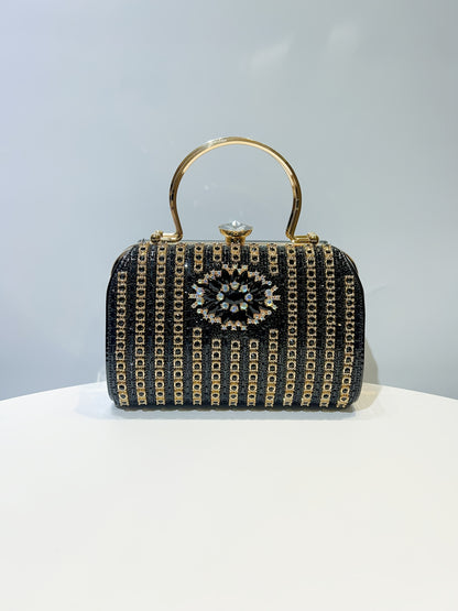 Glamorous Black & Golden Rhinestone Embellished Clutch with Detachable Strap - Sparkly Geometric Evening Bag for Parties, Banquets, and Formal Gatherings, Banquet Accessory | Polyester Construction, Party Purse
