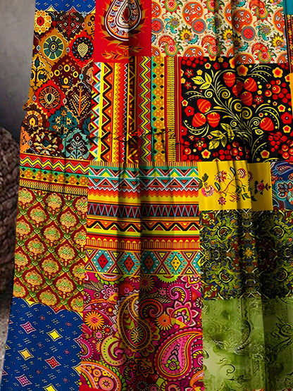 1pc Bohemian Style Women'S Maxi Skirt, 2024 Spring/Summer Collection, 100% Polyester, Geometric-Patterned, Casual Long Skirt with Frill Detail and Patchwork Design, Woven Fabric