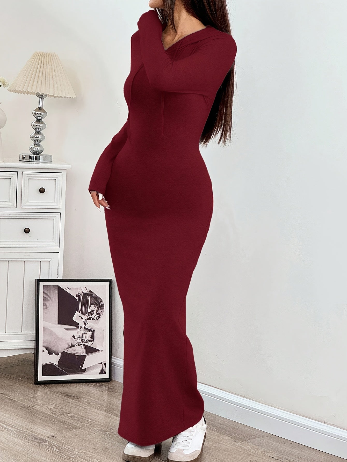 Spring and Autumn New Hooded Long Cross Knee Casual Fashion Dress | Solid Color, Long Sleeve, Bodycon Fit, Slit Hem