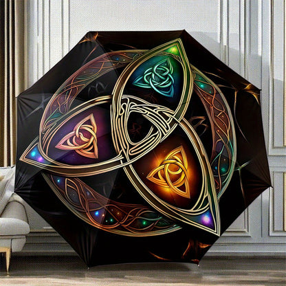 Automatic Opening/Closing Umbrella with Celtic Knot Design - Automatic Folding/Opening, 8-Rib Windproof Construction, Golden/Green/Blue/Purple/Black/Orange/Red/White/, Compact Travel Umbrella for Women/Men, Celtic Knot Patter
