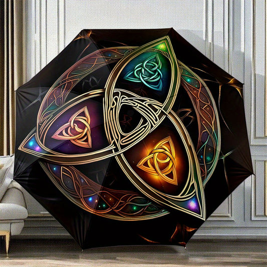 Automatic Opening/Closing Umbrella with Celtic Knot Design - Automatic Folding/Opening, 8-Rib Windproof Construction, Golden/Green/Blue/Purple/Black/Orange/Red/White/, Compact Travel Umbrella for Women/Men, Celtic Knot Patter