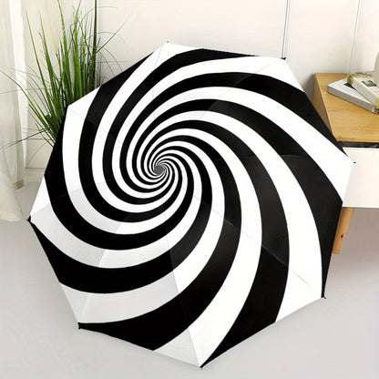 Automatic Folding Umbrella with Black & White Spiral Design - 8-Rib Automatic Open/Close, Portable Collapsible Compact Umbrella with Ergonomic Handle & Windproof Canopy for All-Season Use, Casual Outdoor Travel, Christmas/Bir