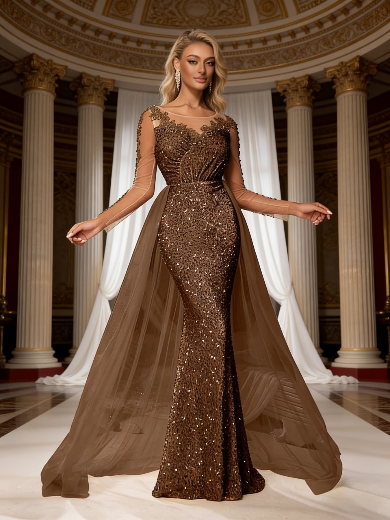 Women'S Multi-Color Sequin Mermaid Formal Gown | Long Sleeve Illusion Top Cape Train Evening Dress, Perfect for Prom, Gala Nights, Wedding Guest Events & Luxury Occasions