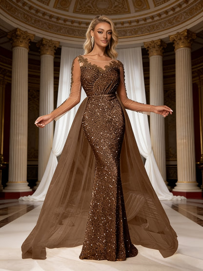 Women'S Multi-Color Sequin Mermaid Formal Gown | Long Sleeve Illusion Top Cape Train Evening Dress, Perfect for Prom, Gala Nights, Wedding Guest Events & Luxury Occasions