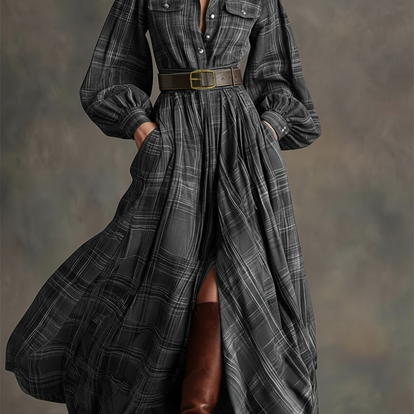 [Vintage Belted Dress] Women' Vintage Belted Waist-Defining Long Dress with Puff Sleeves - -Line Collar Dress Suitable for Date Nights, Parties & Winter Events - Retro Formal Dress
