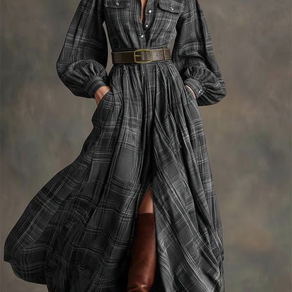 [Vintage Belted Dress] Women' Vintage Belted Waist-Defining Long Dress with Puff Sleeves - -Line Collar Dress Suitable for Date Nights, Parties & Winter Events - Retro Formal Dress