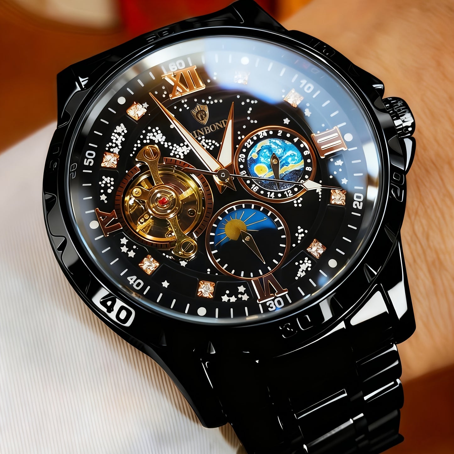 Men's Automatic Mechanical Watch with Hollow & Starry Sky - 24H Analog Wristwatch, Mechanical Movement (No), Dress Watch Suitable for Business, Casual & Special Occasions - Ideal Gift for Husband/Boyfriend (with Strap Adjuste