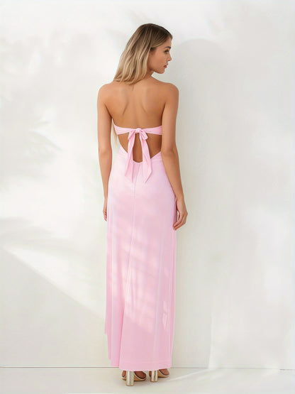 Women's Elegant Strapless/One-Shoulder Hollow Out Floral Print or Solid Pink Tube Bodycon Maxi Dress with Bow Tie Back - Mermaid Silhouette Long Formal Evening Party Wedding Dress, Hand Washable Summer Dress for Women, Stylis
