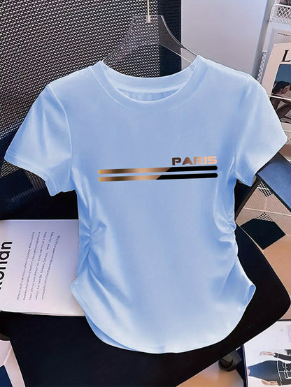 Women'S Y2K Style T-Shirt - Light with Paris Lettering, Stretchy Everyday Casual Top, All-Season Everyday & Formal Outfits - Minimalist Paris Lettering Graphic Tee for, Fashion Lovers, Comfortable Fit, Trendy Design, Versatil