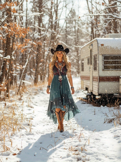 Women'S Western Cowgirl Dress - Retro A-Line Short Dress with Asymmetrical Hem & Fringe-like Skirt, V-Neck Long Sleeve Boho Outfit for Spring Summer Fall, Casual to Semi-Formal Events, Durable Comfortable Fabric (No Lining) -