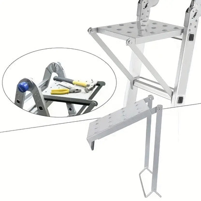 1 Heavy-Duty 400-Pound Load-Bearing Platform with Extendable Work Station System and Tool Tray, Silvery, Suitable for Large Ladders, Non-Slip Design
