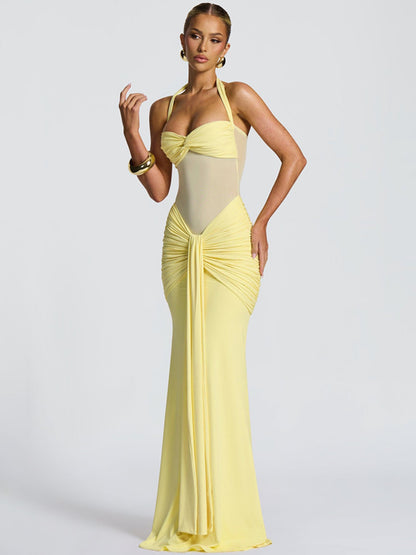 Women's Elegant Ruched Halter Neck Maxi Dress, Slim Fit Summer Party Dress