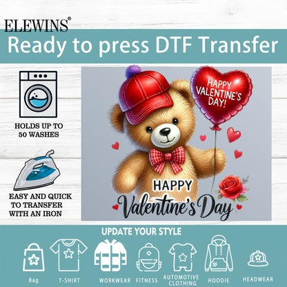 Set of 6 ELEWINS Valentine'S Day Bear-Themed DTF Iron-On Transfers - Vinyl Heat Transfer Sheets Featuring an Adorable Bear And Heart Designs, Suitable for Machine Washing. Ideal for T-Shirts, Hoodies, Jeans, Backpacks, And Pi
