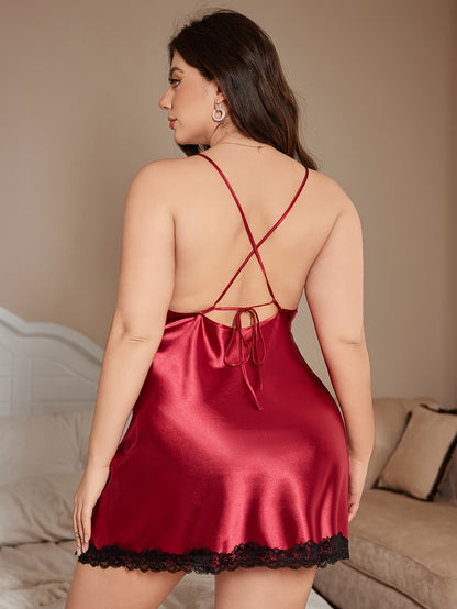 2pcs Women's Plus Size French Lace Pajama set - Sexy Deep V Camisole Skirt & Long Cardigan Nightgown, Lace Trim Nightwear Robe, Non-Stretch Luxury Sleepwear for s (No underwear/Bra) - Elegant Special Line Collection 2pcs suit