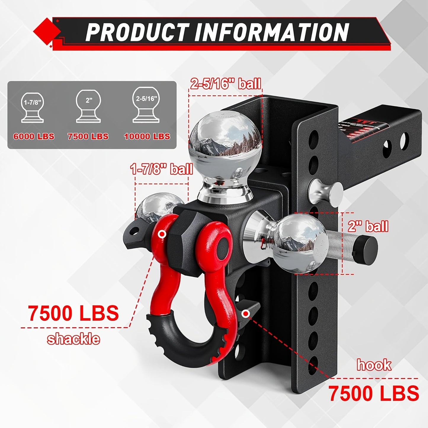 Adjustable Heavy-Duty Trailer Hitch Tri-Ball Mount With Tow Hook & Swivel Shackle, Fits 2" Receiver, 4-1/2" Rise/Drop, Includes 1-7/8", 2", & 2-5/16" Balls, Secure Hitch With Locks & Pin