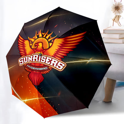 Sunrisers Hyderabad Team-Themed Automatic Folding Umbrella - 8-Rib Durable Design, Windproof & Portable Travel Umbrella with Vibrant Logo, Ideal for Holiday Gifts, Black with Red & Yellow Accents, Travel Umbrella | Team Theme
