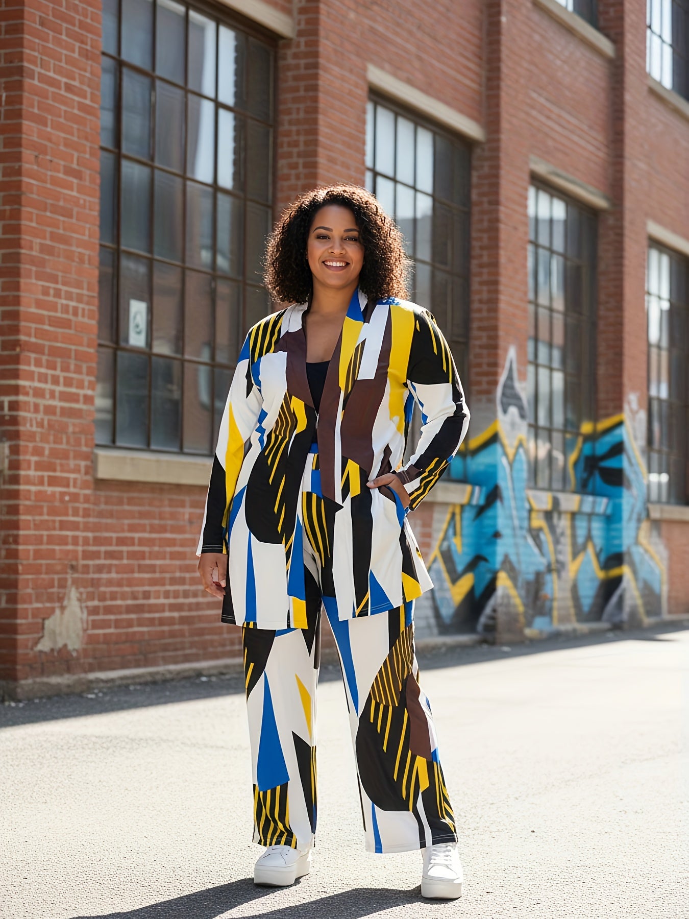 Plus Size, Two Piece Set Cardigan Wide Leg Pants Geometric Print Color Block Loose Fit Casual Style