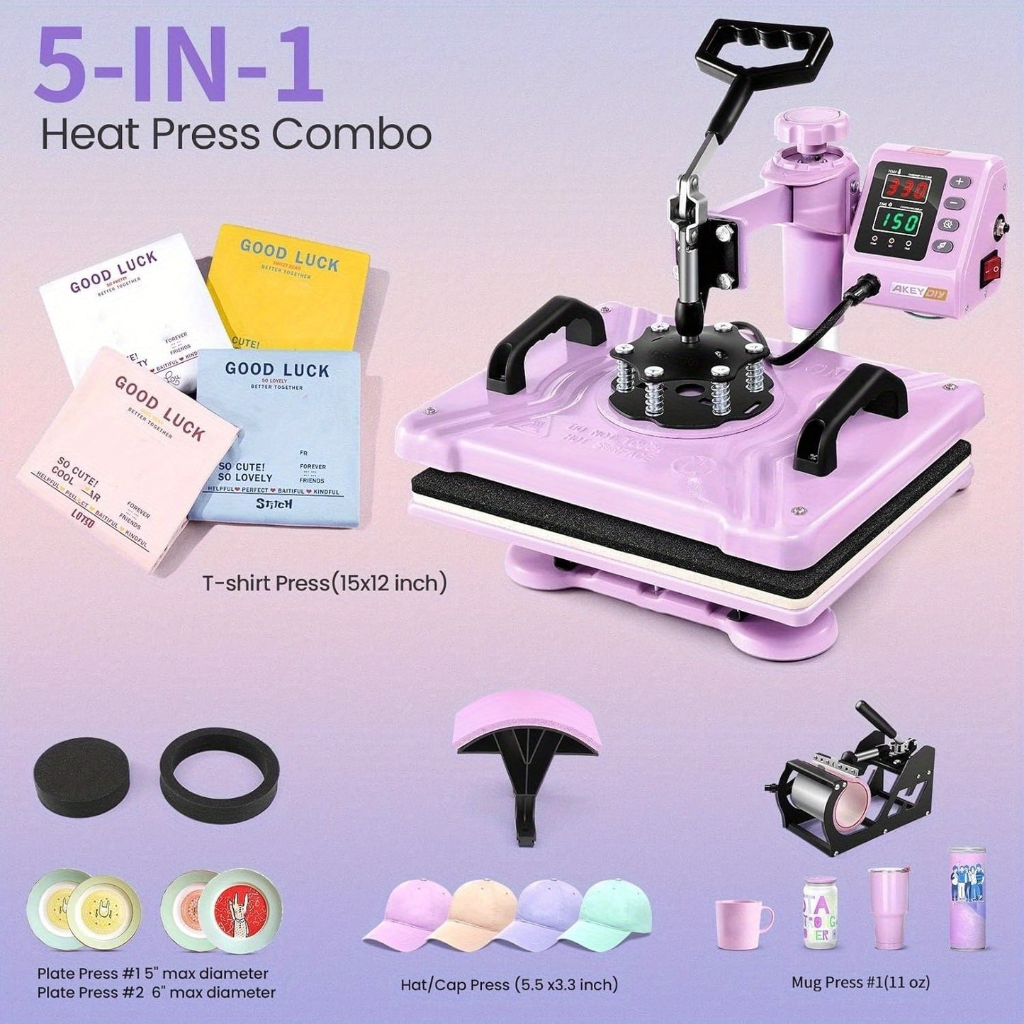 15x15 Inch 5-in-1 Set Heat Press Machine for Everything Transfers, Swing Away Press Machine for T Shirt, Bags, Pillows, Plates(6" And 8"), Tumblers, Mugs, Cups, Hats And Caps(5.5"x3") - Hat Heat Press - 3in 1 Can Only Press H