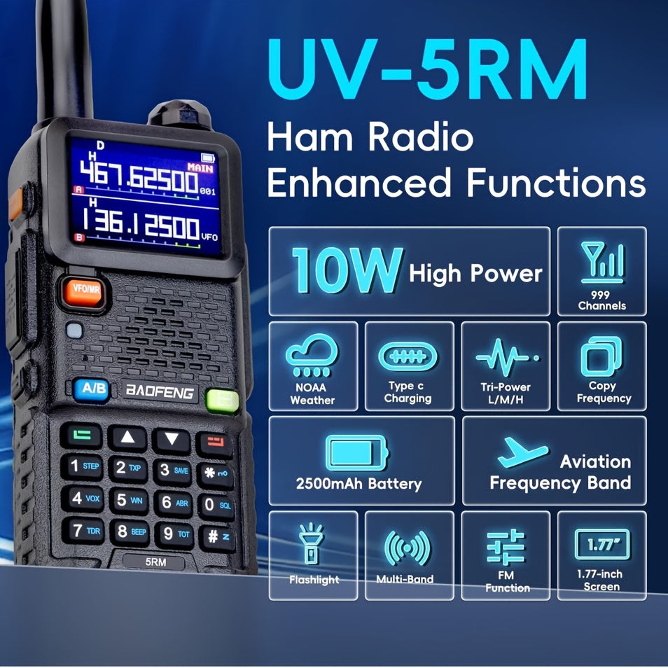 BAOFENG 5RM 10W Ham Radio AR-5RM Long Range Handheld Portable Multi Band NOAA Weather Radios 999 Channels Two Way Radio With 2500mAh USB-C Charger, High Gain Antenna, Speaker Mic, USB Programming Cable For Camping (2 Pack)