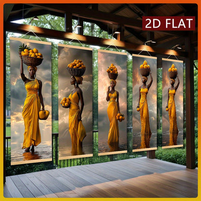 5pcs African Woman Wall Art Set - Bohemian Wood Framed Vertical Panel Paintings with Traditional Dress, Headwrap & Basket - Cultural Canvas Decor for Living Room, Bedroom, Cafe - Hook Installation ( Use)