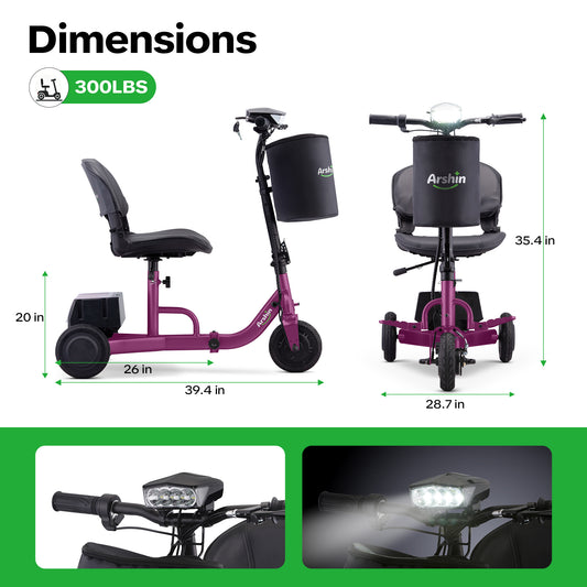 Folding Electric Mobility Scooter for Adults, 50 Lbs Lightweight & Portable, 300 Lb Capacity, 8 Mile Range with 2 Detachable Batteries, Height-Adjustable Seat