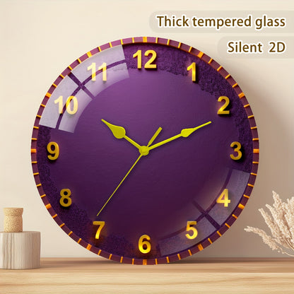 Large Modern Purple & Golden Wall Clock with Black Hands - 30cm/11.81" Thick Tempered Glass Silent Quartz Movement, Mechanism, Modern Round Wall Clock for Living Room, Bedroom, Office - Elegant Purple Face with Golden Hands,