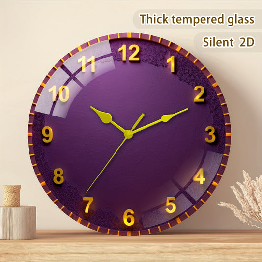 Large Modern Purple & Golden Wall Clock with Black Hands - 30cm/11.81" Thick Tempered Glass Silent Quartz Movement, Mechanism, Modern Round Wall Clock for Living Room, Bedroom, Office - Elegant Purple Face with Golden Hands,