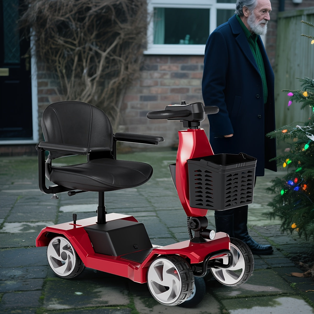 HOMYKING Red Travel-Friendly HOMYKING Foldable 4-Wheel Electric Scooter, 250W Power + Dual Suspension, 15 Miles Range + Front Brake, Detachable Basket + Front Light, for Adults/Elders, 265lbs Capacity, Foldable Scooter, Mobil