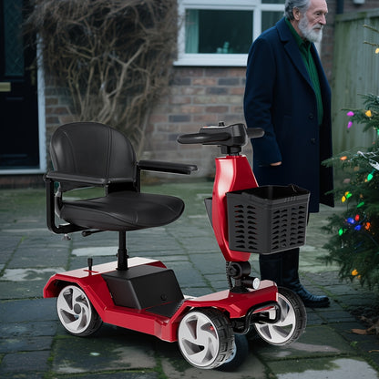 HOMYKING Red Travel-Friendly HOMYKING Foldable 4-Wheel Electric Scooter, 250W Power + Dual Suspension, 15 Miles Range + Front Brake, Detachable Basket + Front Light, for Adults/Elders, 265lbs Capacity, Foldable Scooter, Mobil