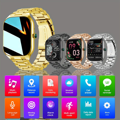 1pc Coiusor Smart Watch for Men & Women - Elegant Golden-Tone Stainless Steel, 2.01" HD Display, Wireless Calls, USB Rechargeable, Wireless 5.2, Sports Modes, Pedometer, Message Notifications, Compatible with iPhone/Android