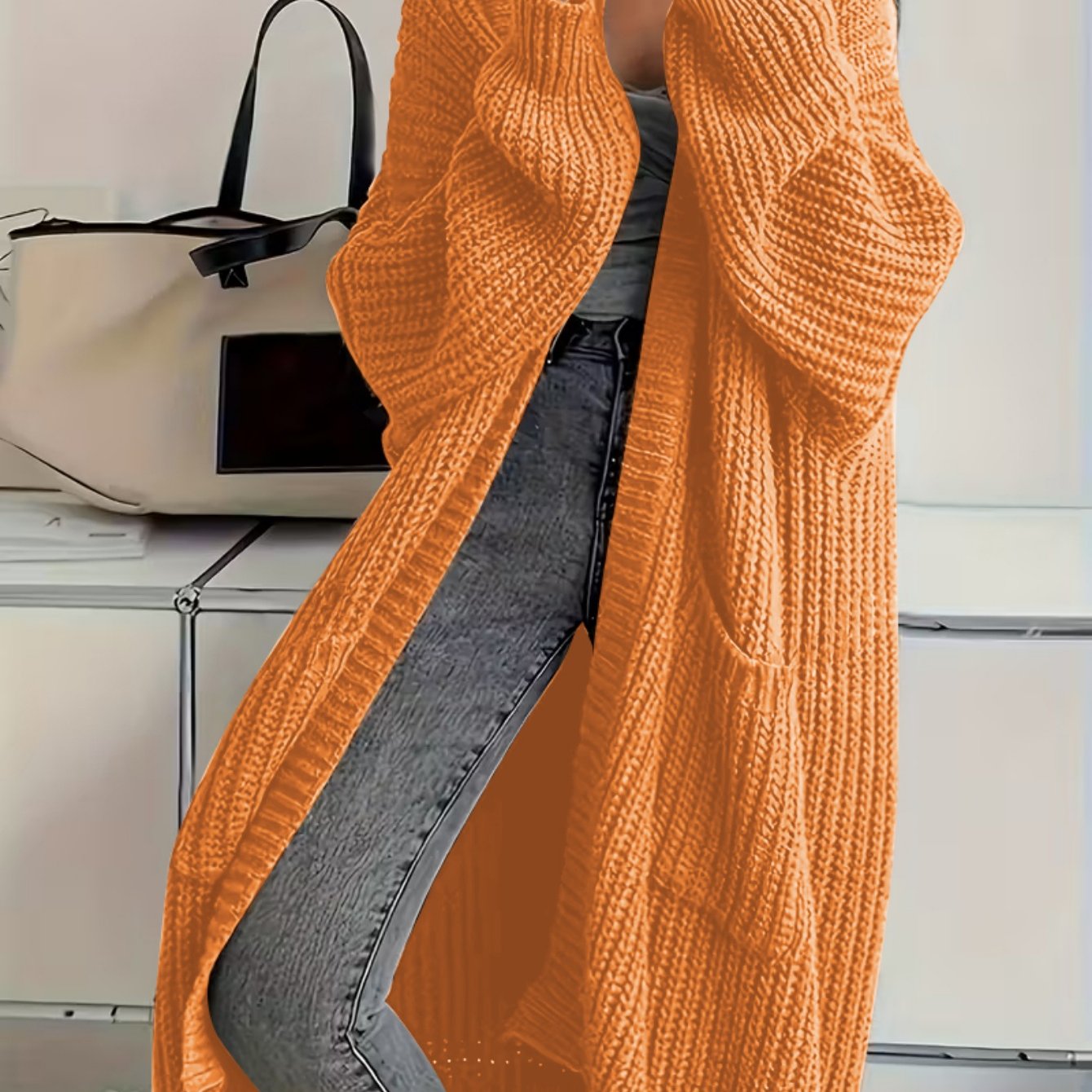 Plus Size, Solid Color Plus-Size Women's Long Pocket Cardigan Loose Over-the-Knee Sweater Coat Fashion Versatile Outerwear