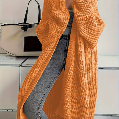 Plus Size, Solid Color Plus-Size Women's Long Pocket Cardigan Loose Over-the-Knee Sweater Coat Fashion Versatile Outerwear