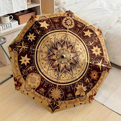 Automatic Folding Umbrella The umbrella features a large, intricate mandala-like star pattern in Golden and brown tones. Portable collapsible design, casual outdoor accessory, Christmas birthday festival gift, Mini Umbrella,