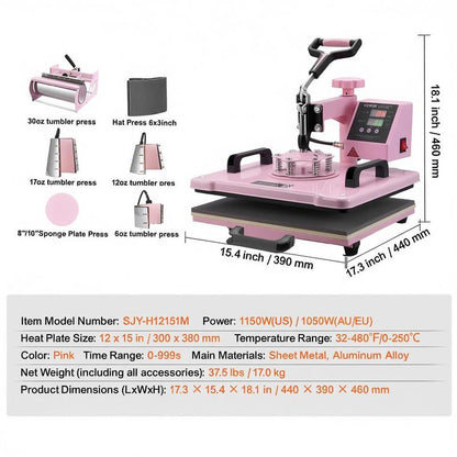 Heat Press Machine, 12 X 15 Inch, 8in 1 Heat Transfer Machine with 6-30oz Tumbler Press, 360° Swing Away T-Shirt Pressing, Digital Precise Control, for T-Shirts/Mugs/Hats/Plates, Pink