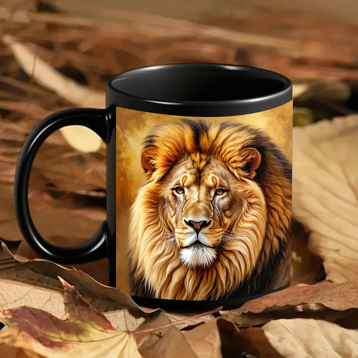 1pc Lion Design Mug - Elegant Lion Face Coffee Cup with Black Interior, 11oz Heavy-Duty Ceramic Cup for Hot/Cold Drinks, Birthday/Anniversary Gifts, Home, Office, or Kitchen - Lion Lovers Gift (Men & Women) - Durable & Easy-C