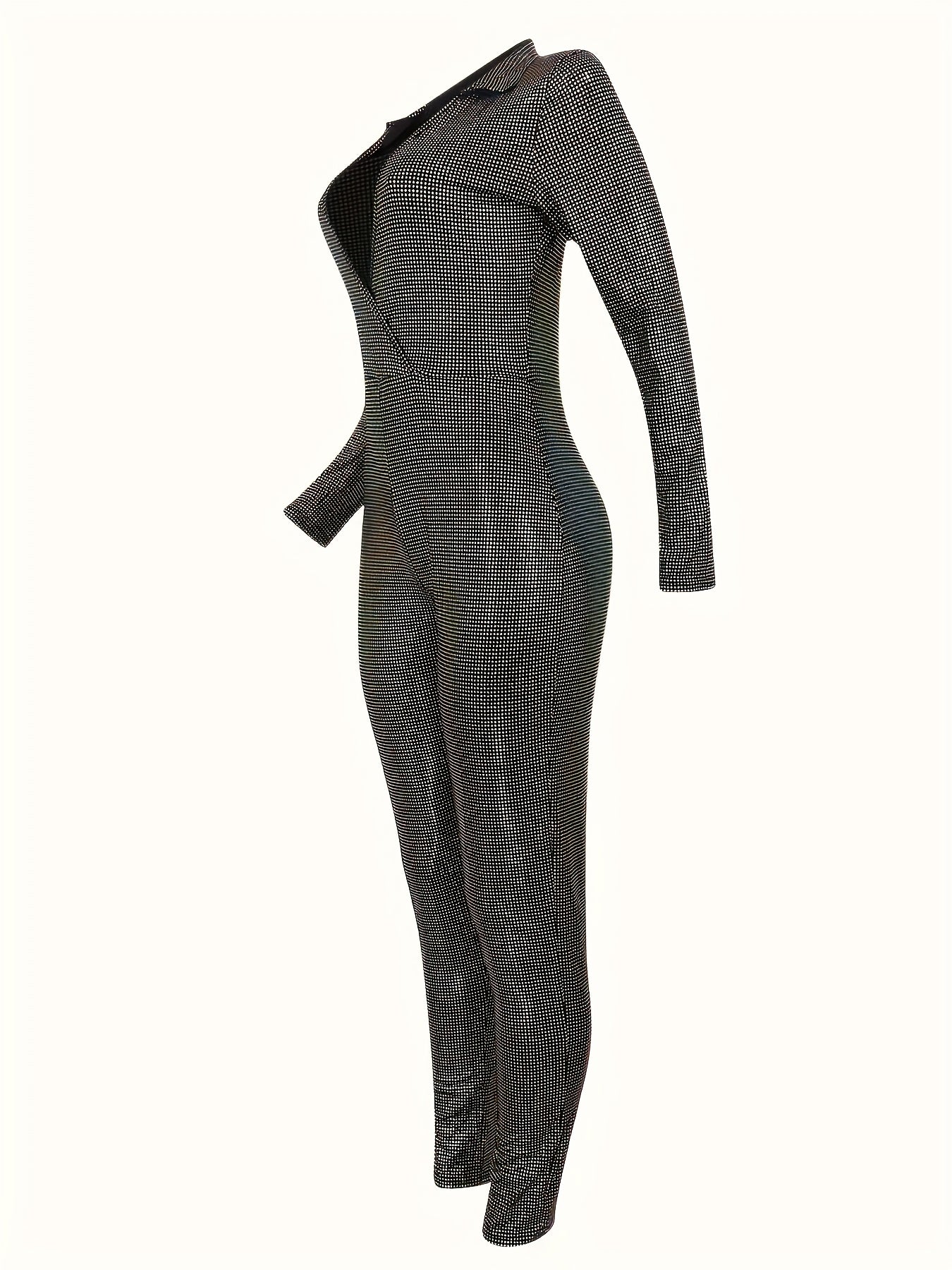 European And American Women'S Metallic Texture Light Mature Deep V-neck Long Sleeved Tight Jumpsuit