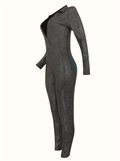 European And American Women'S Metallic Texture Light Mature Deep V-neck Long Sleeved Tight Jumpsuit