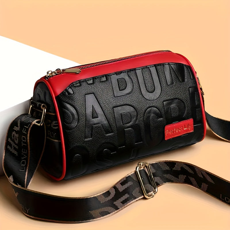 Casual  Crushed Lettering Handbag with Adjustable Strap & Zipper Closure - / Solid Color Multi-layer Shoulder Purse, Durable for,, Shopping