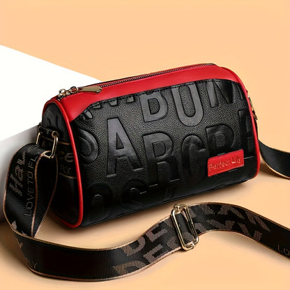 Casual  Crushed Lettering Handbag with Adjustable Strap & Zipper Closure - / Solid Color Multi-layer Shoulder Purse, Durable for,, Shopping