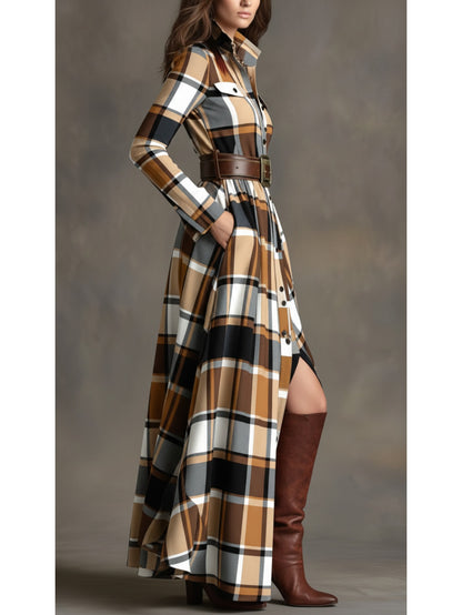 Women'S Brown, White, Black & Gray Plaid Waist-Cinched Maxi Dress | Retro Modern Style, Suitable for Daily Streetwear, Luxury Social Events, and Casual Occasions