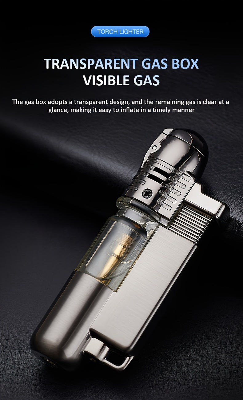 This Is a Windproof Inflatable Lighter Designed with a Creative Transparent Gas Box And a Round Machine, Featuring a Cover And No Butane