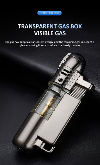 This Is a Windproof Inflatable Lighter Designed with a Creative Transparent Gas Box And a Round Machine, Featuring a Cover And No Butane