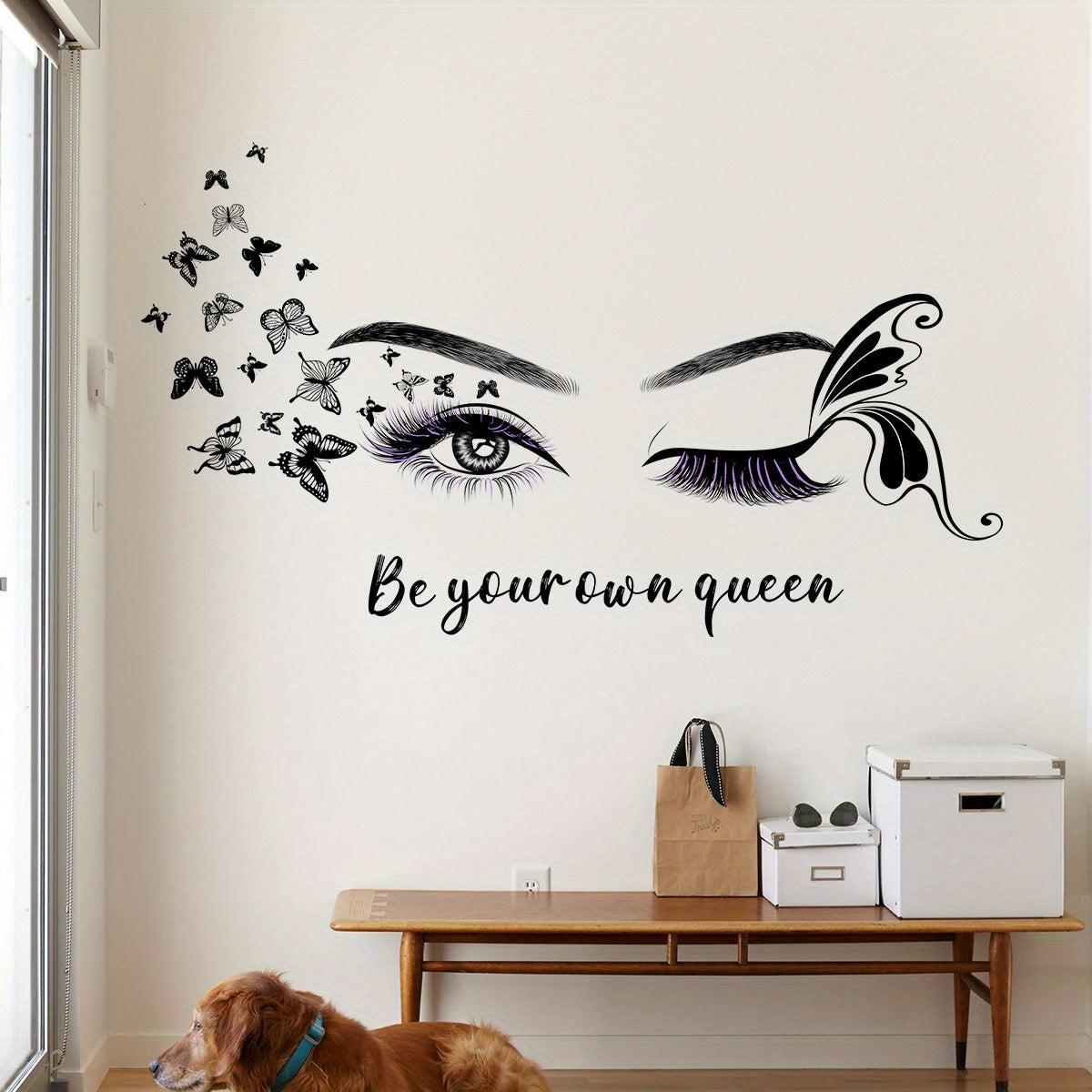 Female Eye & Butterfly Wall Sticker with Queen Slogan - Black & White Elegant Eyelash Mascara-Like Design, "Be Your Own Queen" PVC Decal for Room,, Bedroom, Living Room Decor - Easy Peel & Stick