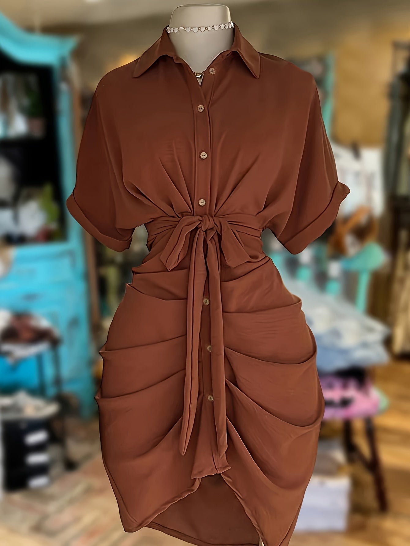 Women'S Stylish Solid Color Short-Sleeve Dress with a Single Button, Tie, And Bow Detail.