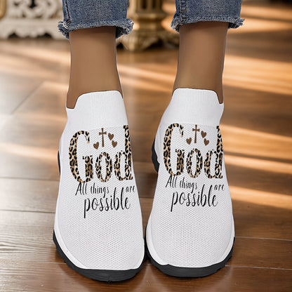 Women's Breathable Knit Slip-On Sneakers with Inspirational Quote & Leopard Print - White Fabric Upper, EVA Cushioned Sole for All-Season Comfort, Casual Walking & Outdoor Camping Shoes, Outdoor Sneakers | Leopard Print Sneak